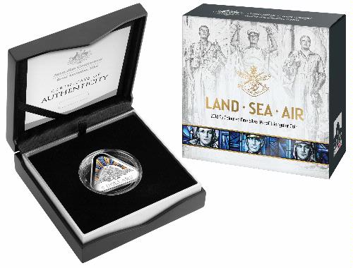Thumbnail for 2018 Land - Sea - Air $5.00 Coloured Silver Proof Triangular Coin
