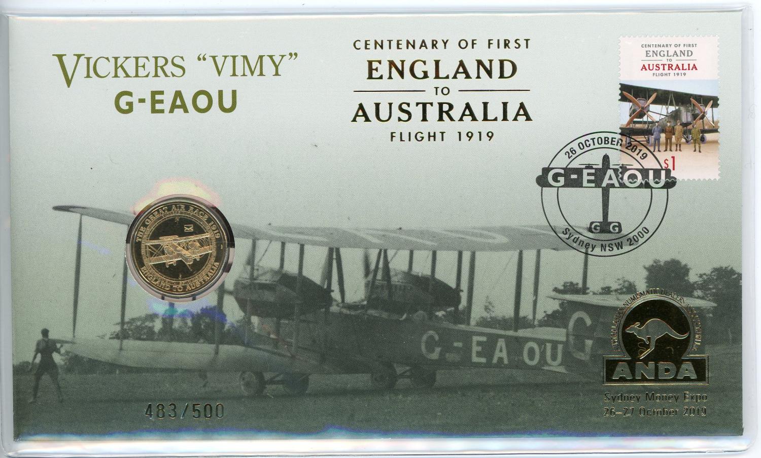 Thumbnail for 2019 Centenary of First Flight England to Aust Flight 1919 Vickers 'Vimy' G-EAOU Sydney Money Expo ANDA PNC With Envelope Privy