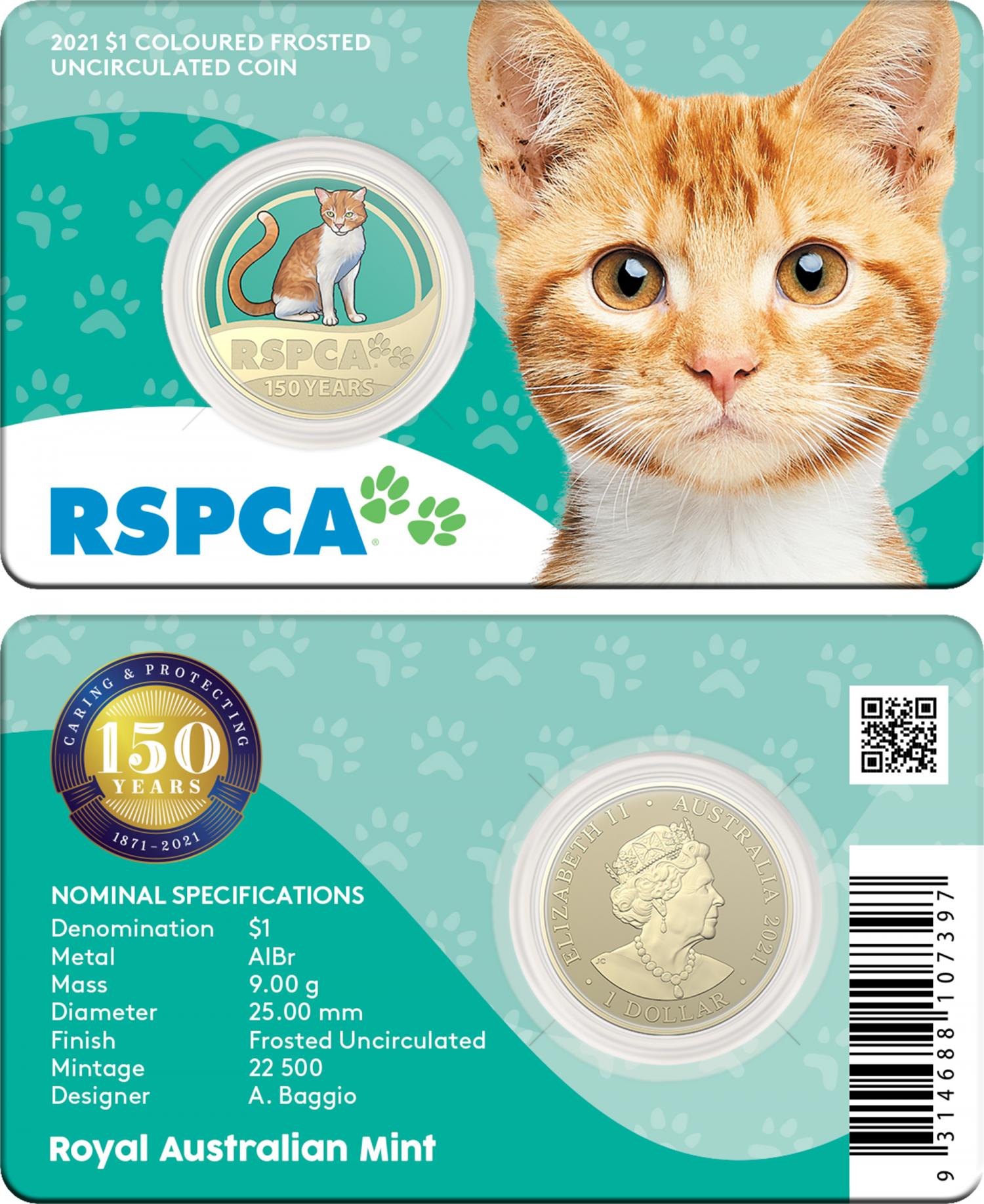 Thumbnail for 2021 $1 150th Anniversary of the RSPCA Australia - Cat  Coloured Coin in Card (Single Coin)