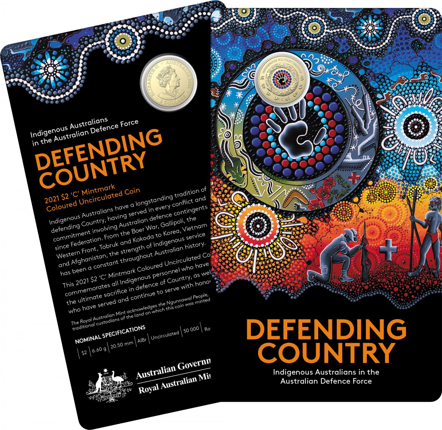 Thumbnail for 2021 $2 Indigenous Services - Defending Country  AlBr Colour 'C' Mintmark UNC Coin on card