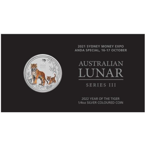Thumbnail for 2022 Australian Lunar Series III  Year of the Tiger Quarter Oz Silver Coloured Sydney Money Expo Anda Special 16-17 October 2021
