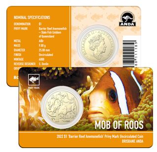 Thumbnail for 2022 $1 Mob of Roos Anemone Fish Privy Mark Brisbane ANDA Money Expo