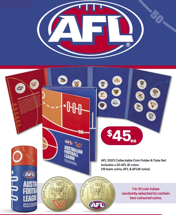 Thumbnail for 2023 $1 AFL & AFLW Collectable Coin Folder & 20 $1 RAM Coins in UNOPENED Tube 