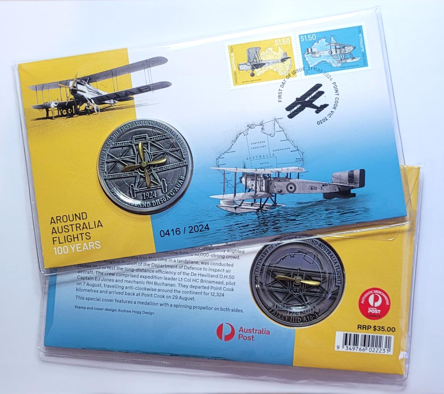 Thumbnail for 2024 Around Australia Flights 100 Years Postal Medallion Cover
