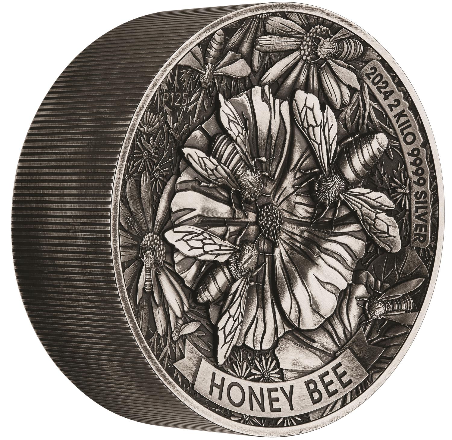 Thumbnail for 2024 $60.00 Honey Bee 2kg Silver Antiqued High Relief Coin - Perth Mint