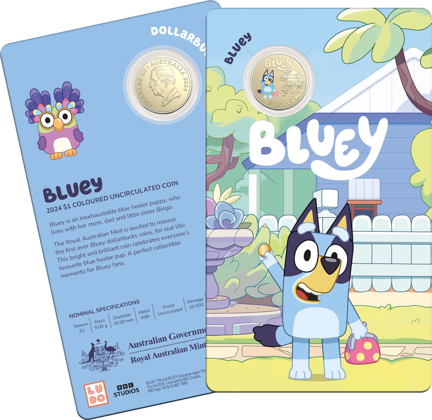 Thumbnail for 2024 $1 Bluey Dollarbucks - Bluey AlBr Coloured UNC Coin on Card - SOLD OUT