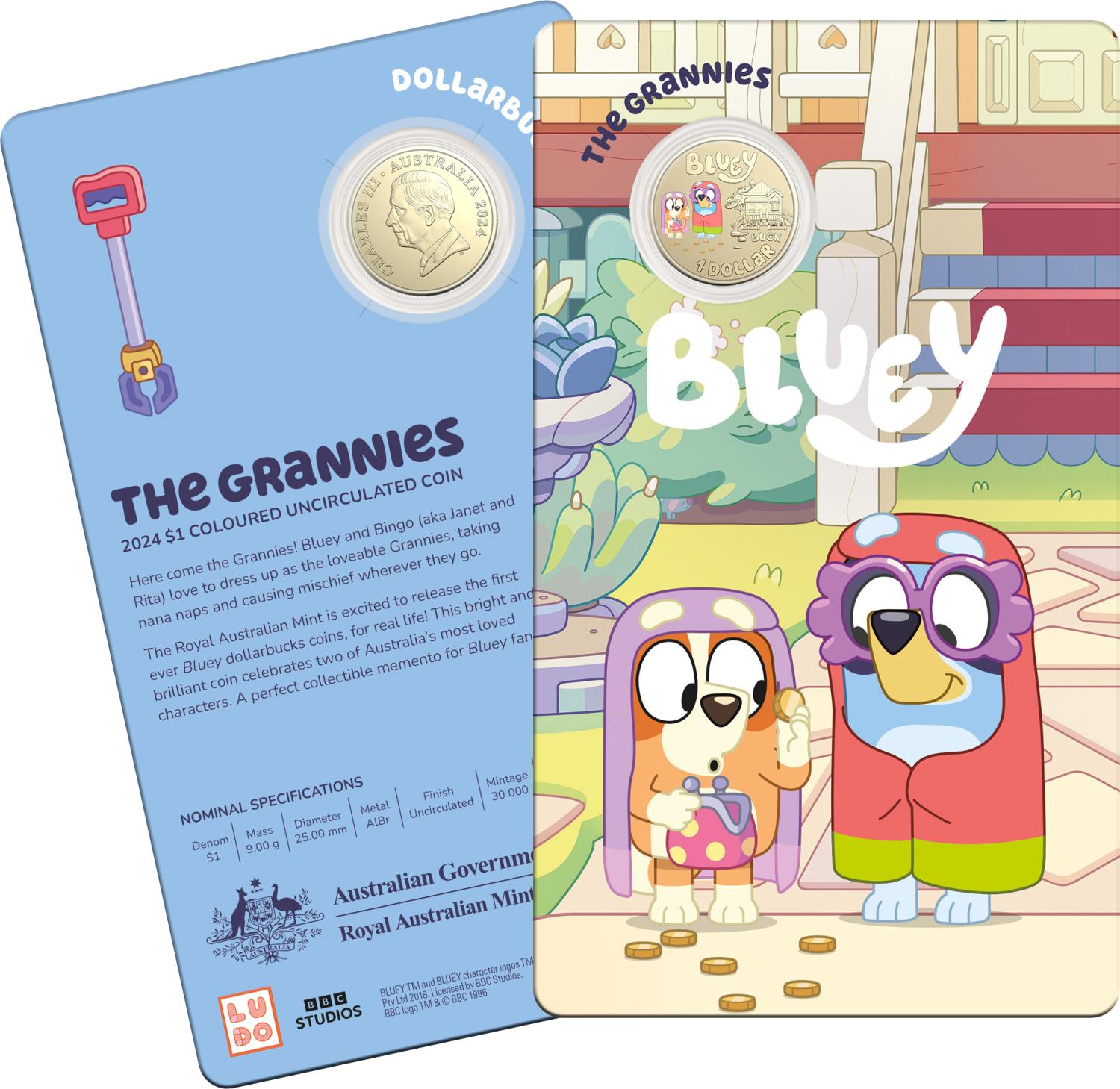Thumbnail for 2024 $1 Bluey Dollarbucks - The Grannies AlBr Coloured UNC Coin on Card - SOLD OUT