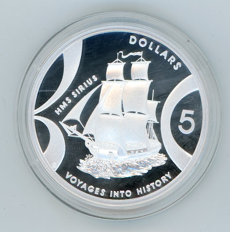 Thumbnail for 2002 $5 Silver Coin from Masterpieces in Silver Set - HMS Sirius. The coin is .999 Silver.