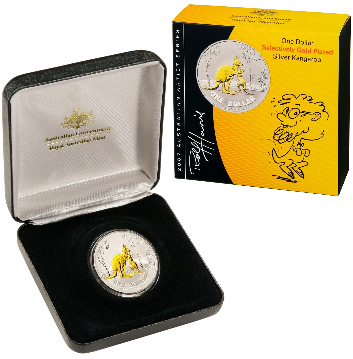 Thumbnail for 2007 Selectively Gold Plated 1oz Silver Proof Kangaroo Rolf Harris Design
