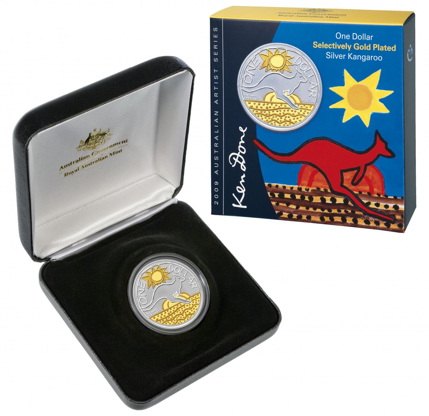 Thumbnail for 2009 Selectively Gold Plated 1oz Silver Proof Kangaroo Ken Done Design