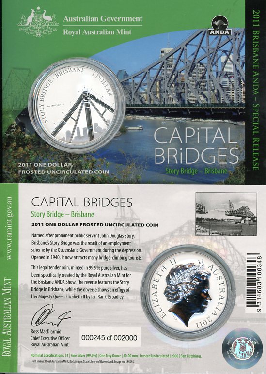 Thumbnail for 2011 1oz One Silver Dollar Frosted Coin - Capital Bridges Story Bridge Brisbane