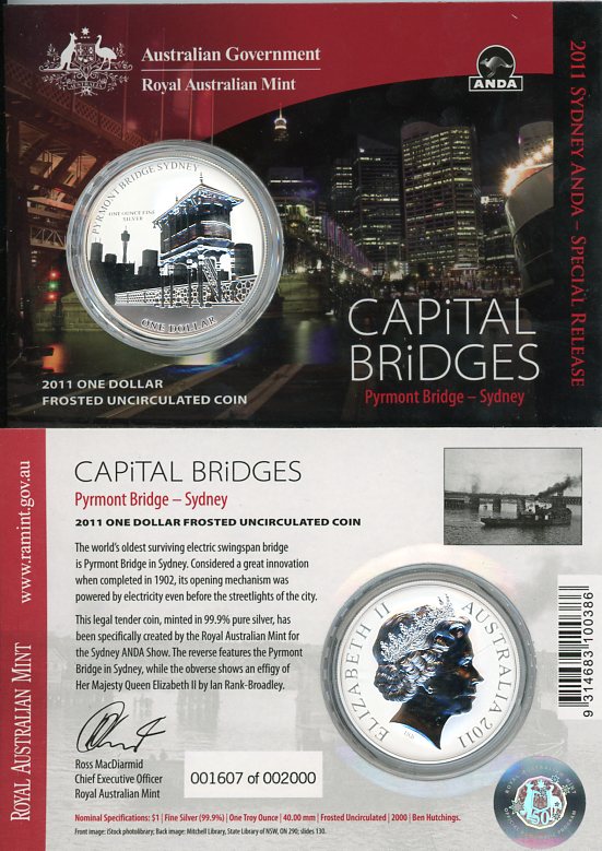 Thumbnail for 2011 1oz One Silver Dollar Frosted Coin - Capital Bridges Pyrmont Bridge Sydney