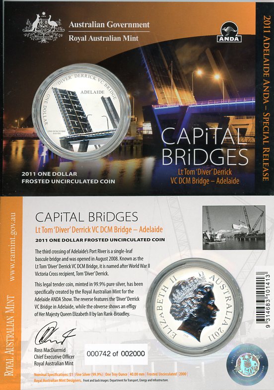 Thumbnail for 2011 1oz One Silver Dollar Frosted Coin - Capital Bridges Lt Tom 'Diver