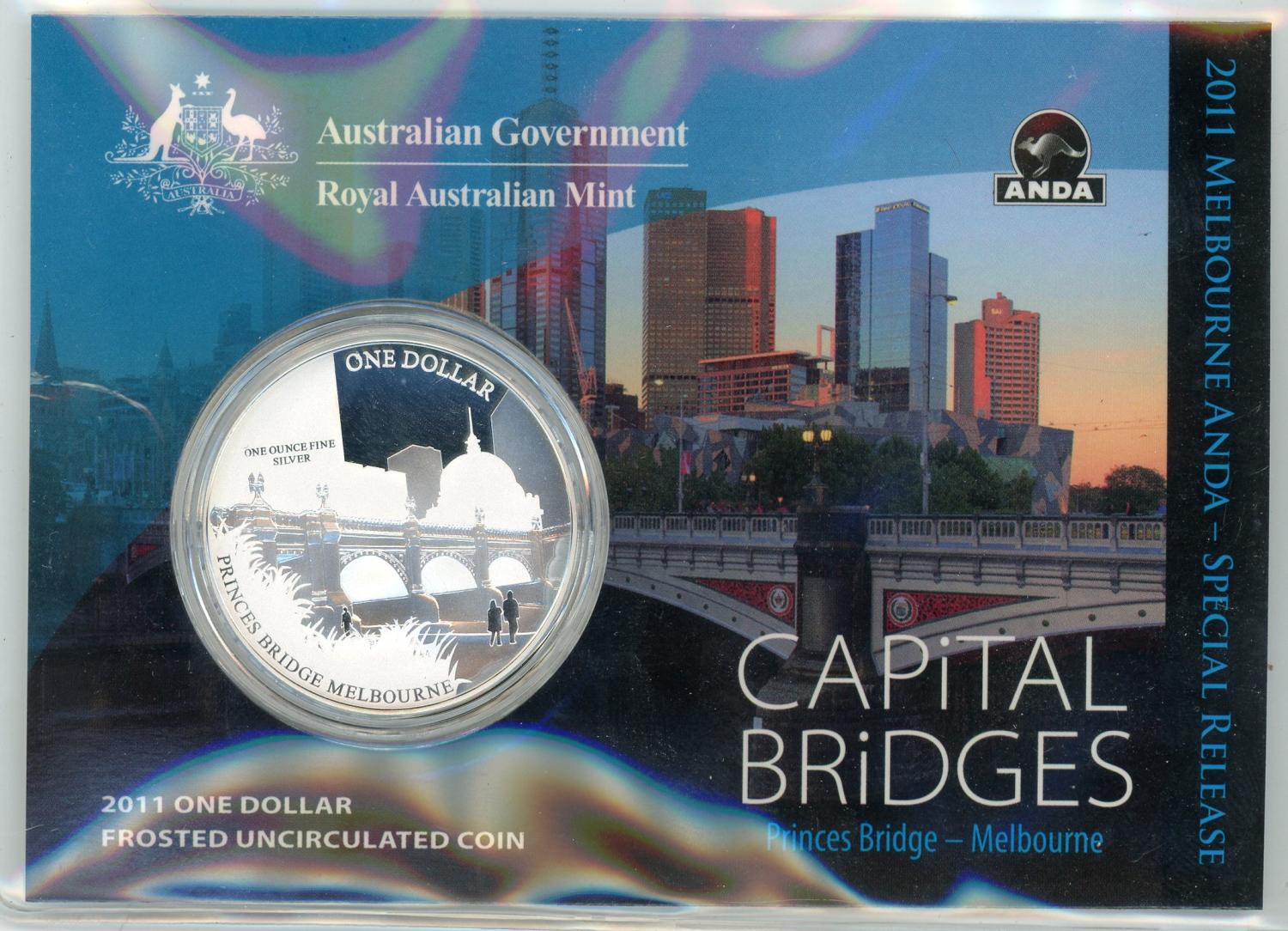 Thumbnail for 2011 $1 Silver Frosted UNC Coin Capital Bridges - Princes Bridge Melbourne