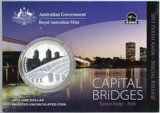 Thumbnail for 2011 $1 Silver Frosted UNC Coin - Capital Bridges Narrow Bridge, Perth