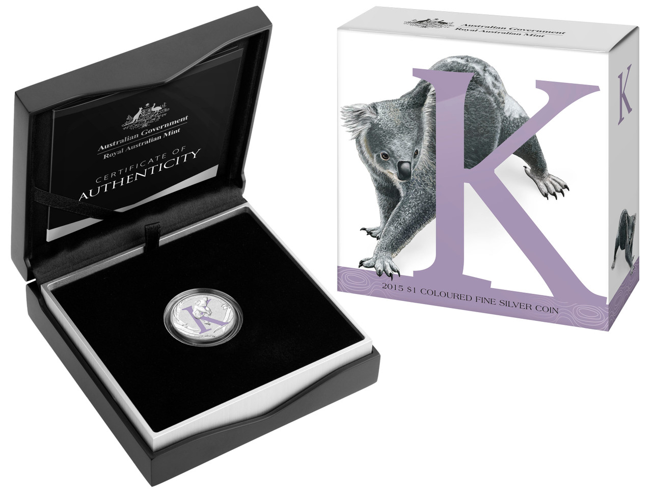 Thumbnail for 2015 Fine Silver Coloured Alphabet Dollar - K For Koala