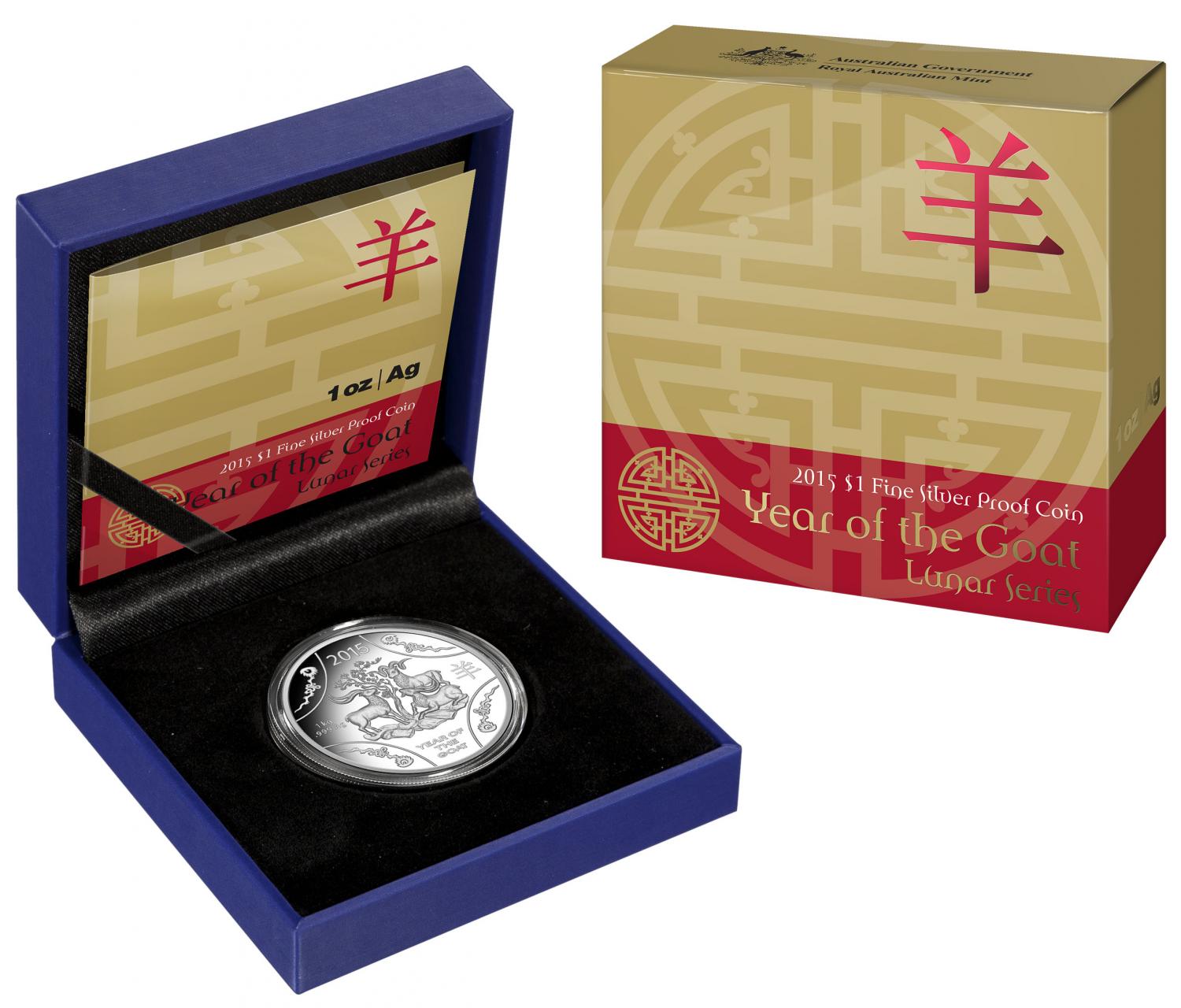 Thumbnail for 2015 Lunar Series - 1oz Year of the Goat $1 Silver Proof Coin 40mm Diam. - Blue Box
