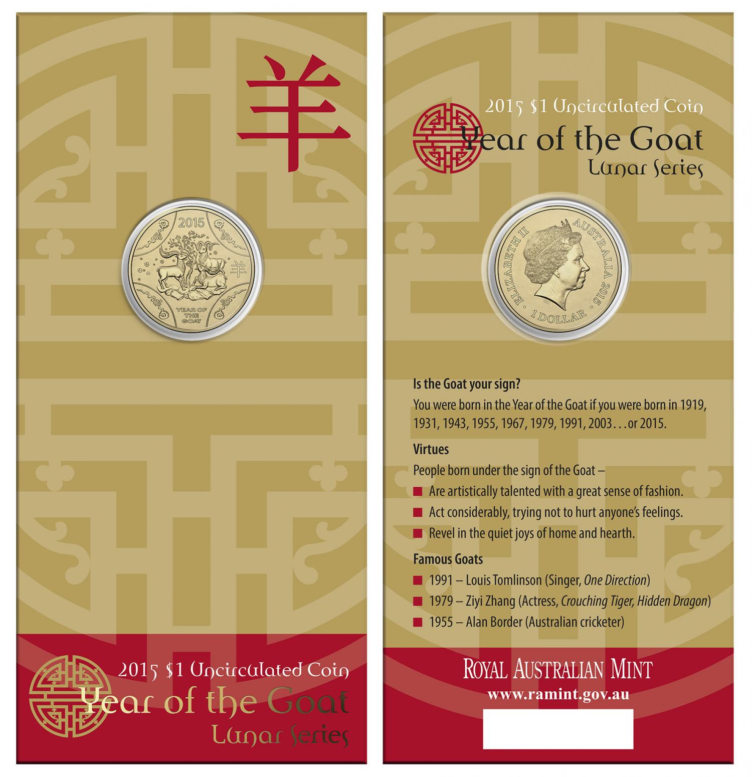 Thumbnail for 2015 Year of the Goat Uncirculated Dollar on Card