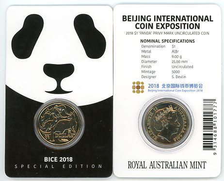 Thumbnail for 2018 $1 Coin Mob of Roos with Beijing International Coin Exposition Panda Privy