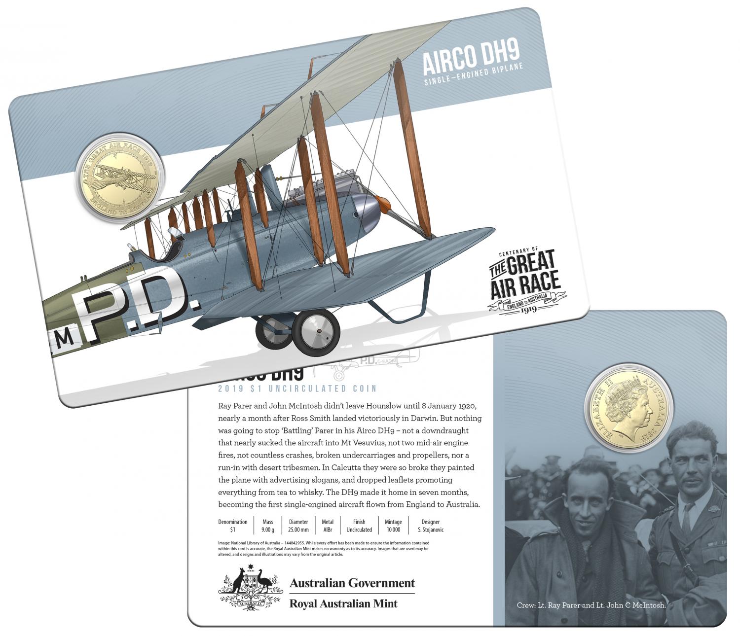 Thumbnail for 2019 Centenary off the Great Air Race Uncirculated $1.00 - Airco DH9