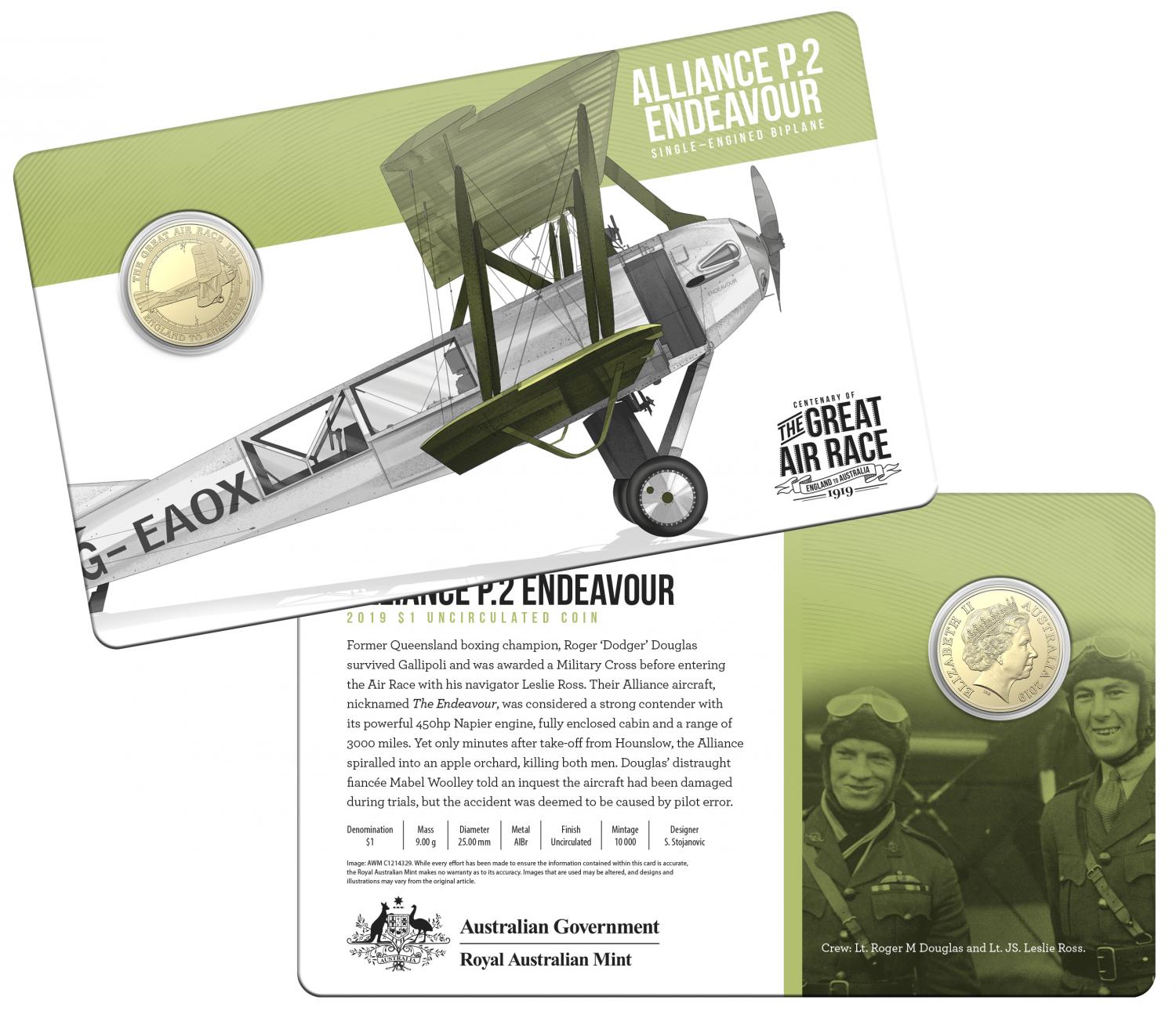 Thumbnail for 2019 Centenary off the Great Air Race Uncirculated $1.00 - Alliance P.2 Endeavour