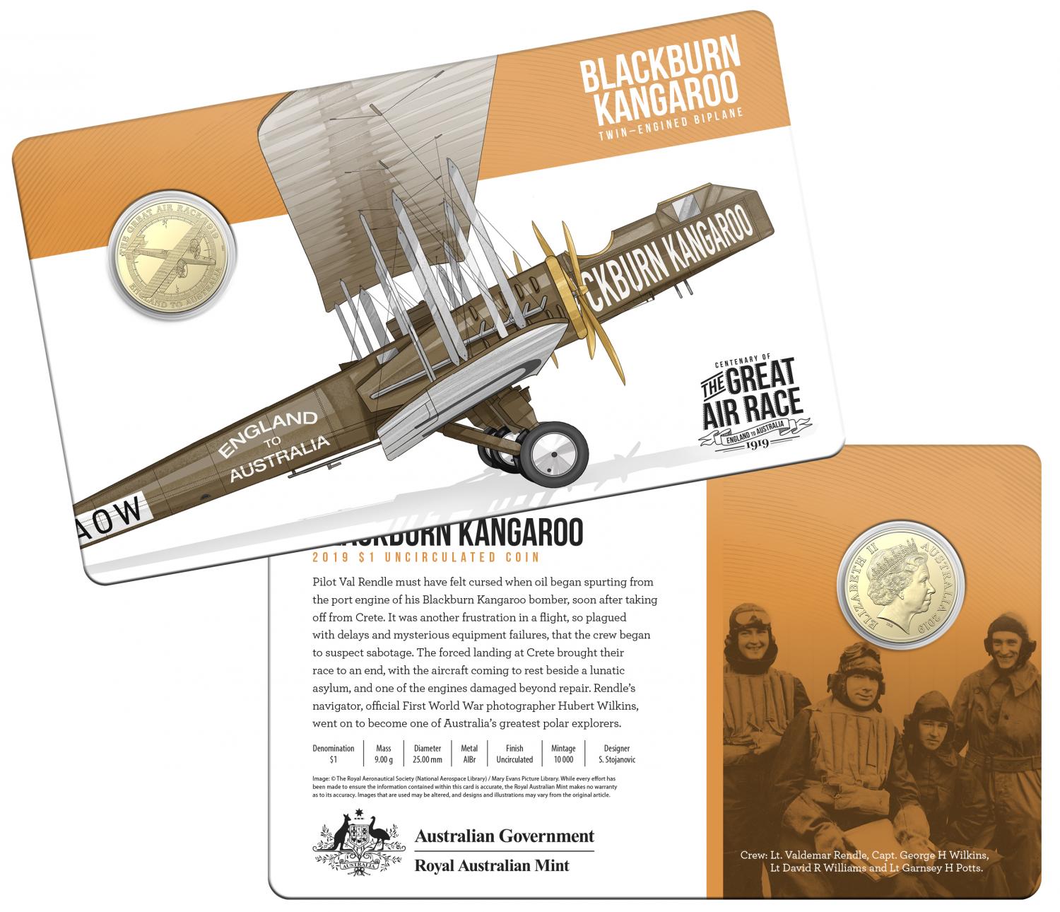 Thumbnail for 2019 Centenary off the Great Air Race Uncirculated $1.00 - Blackburn Kangaroo