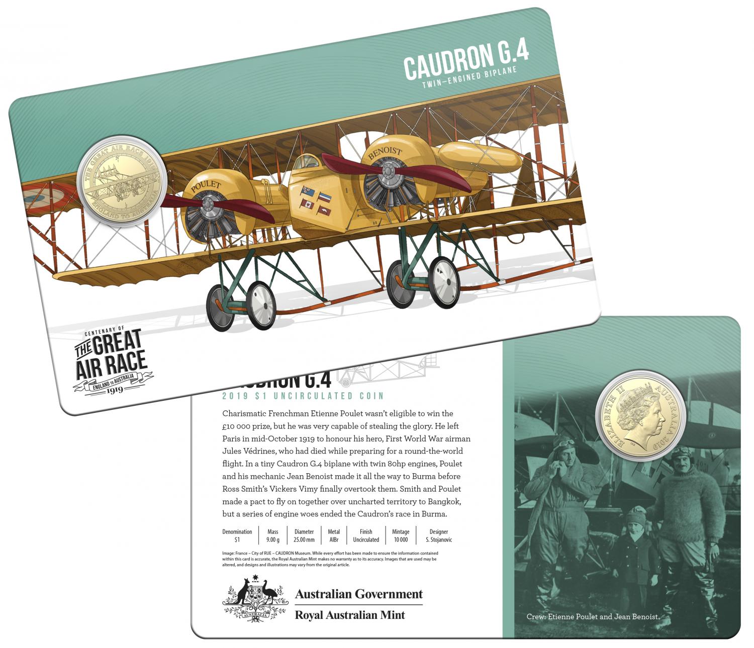 Thumbnail for 2019 Centenary off the Great Air Race Uncirculated $1.00 - Caudron G.4