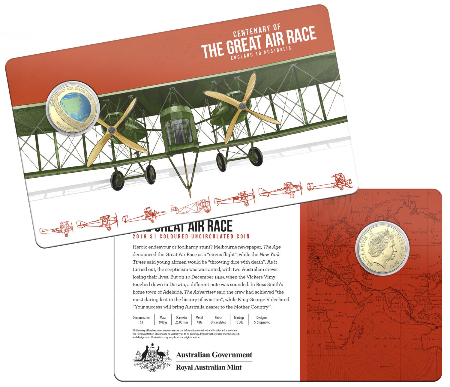Thumbnail for 2019 Centenary off the Great Air Race Uncirculated Coloured $1.00 - England to Australia