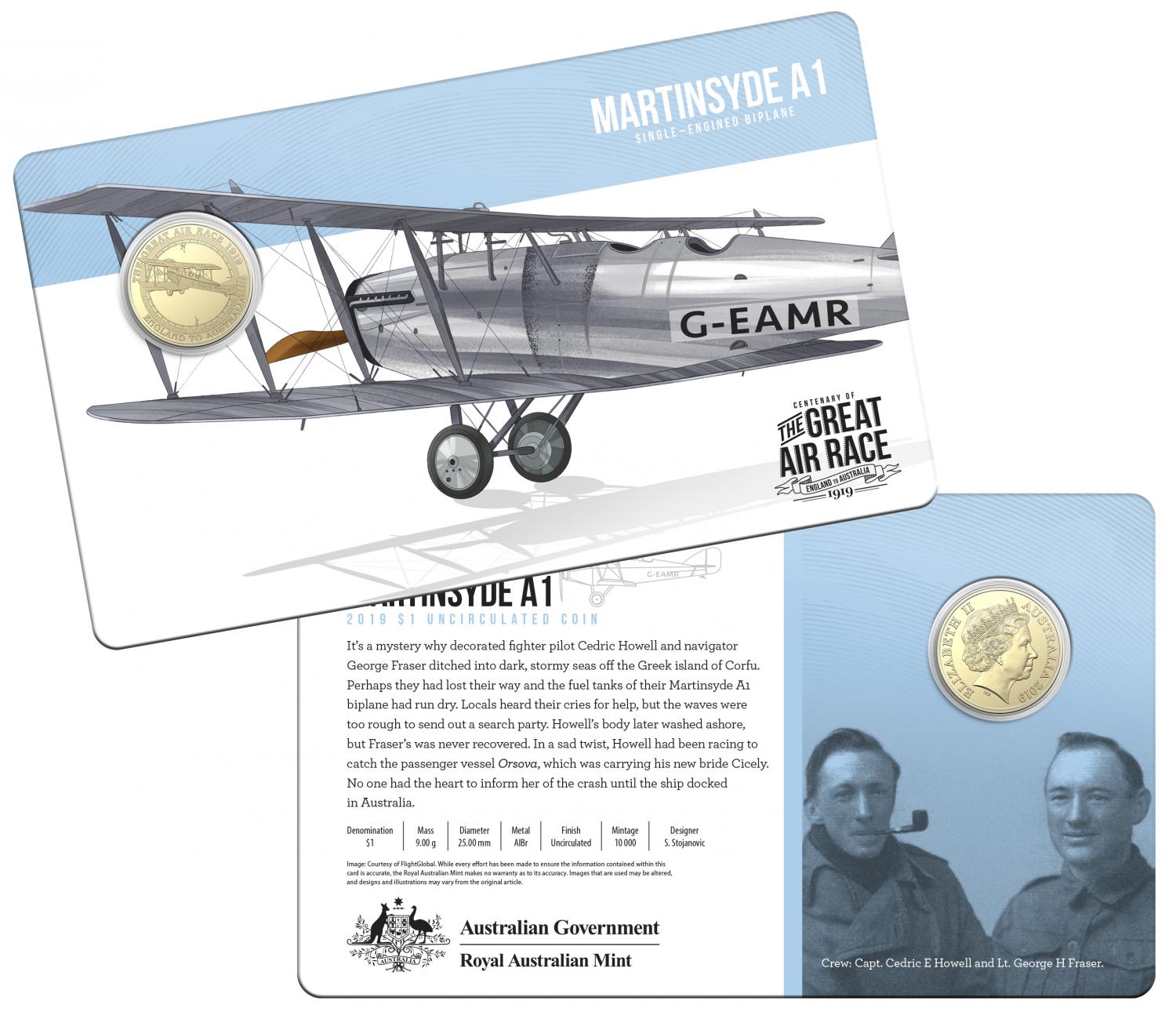 Thumbnail for 2019 Centenary off the Great Air Race Uncirculated $1.00 - Martinsyde A1