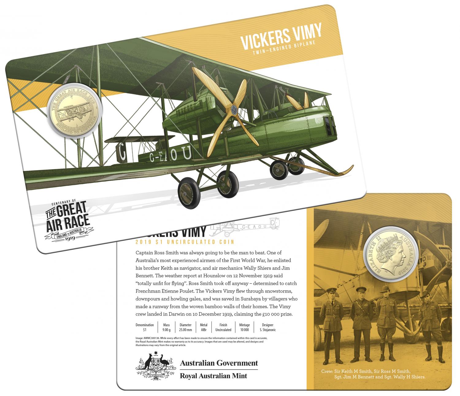 Thumbnail for 2019 Centenary off the Great Air Race Uncirculated $1.00 - Vickers Vimy