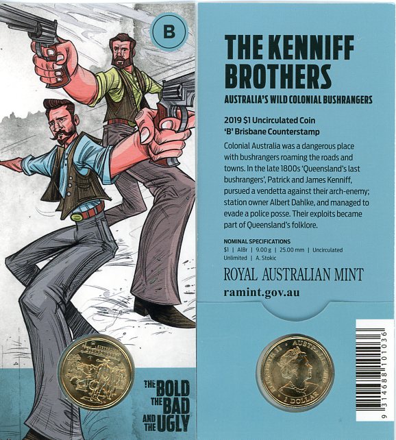 Thumbnail for 2019 $1 UNC Coin 'B' Brisbane Counterstamp Australian Bushrangers - The Kenniff Brothers