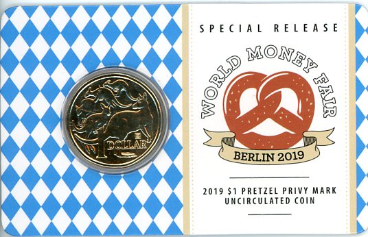 Thumbnail for 2019 $1 Mob of Roos World Money Fair Berlin Pretzel Privy Mark Uncirculated Coin