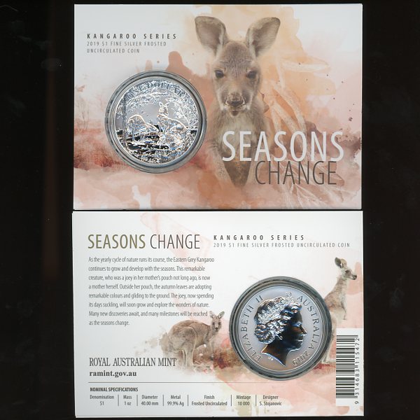 Thumbnail for 2019 $1  Kangaroo Series - Seasons Change Fine Silver Frosted UNC Coin on Card