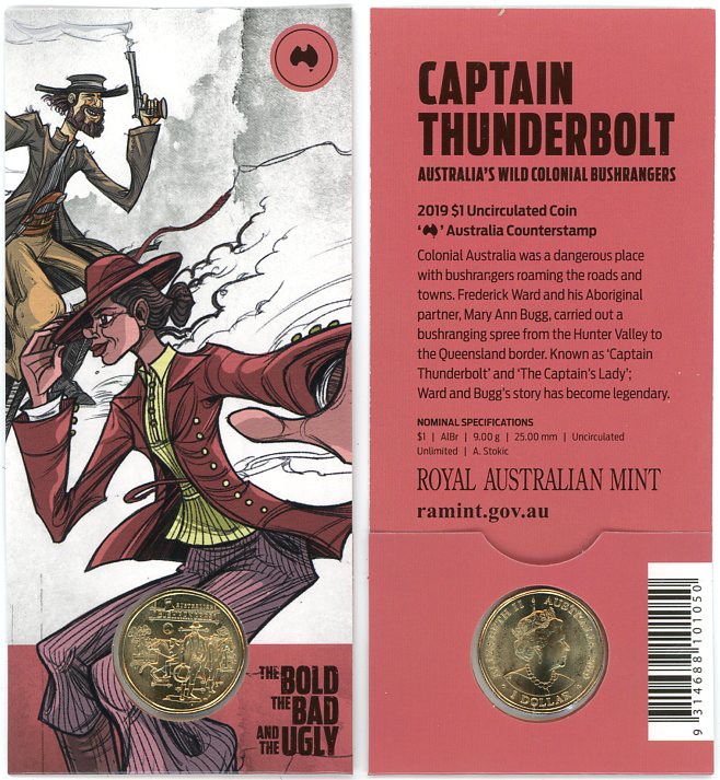 Thumbnail for 2019 $1 UNC Coin Australian Coun terstamp - Captain Thunderbolt