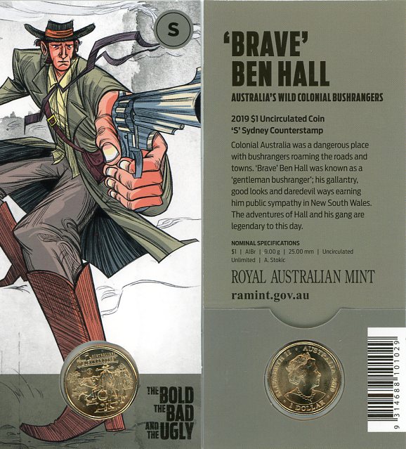 Thumbnail for 2019 $1 UNC Coin 'S' Sydney Counterstamp Australian Bushrangers - Brave Ben Hall