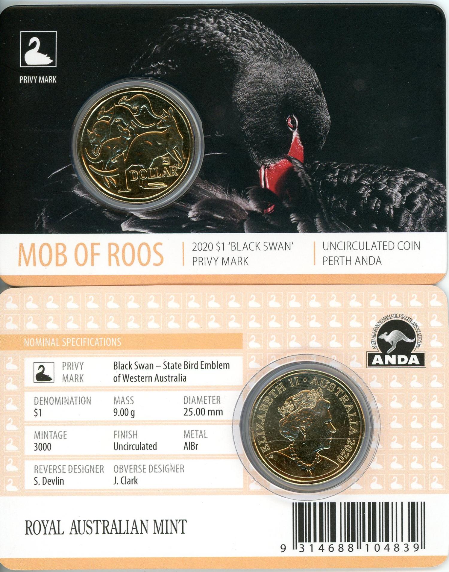 Thumbnail for 2020 Mob of Roos $1 with Black Swan Privy Mark Perth ANDA