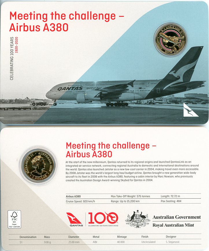 Thumbnail for 2020 Qantas Centenary $1 Coloured UNC Coin - Meeting the Challenge Airbus A380