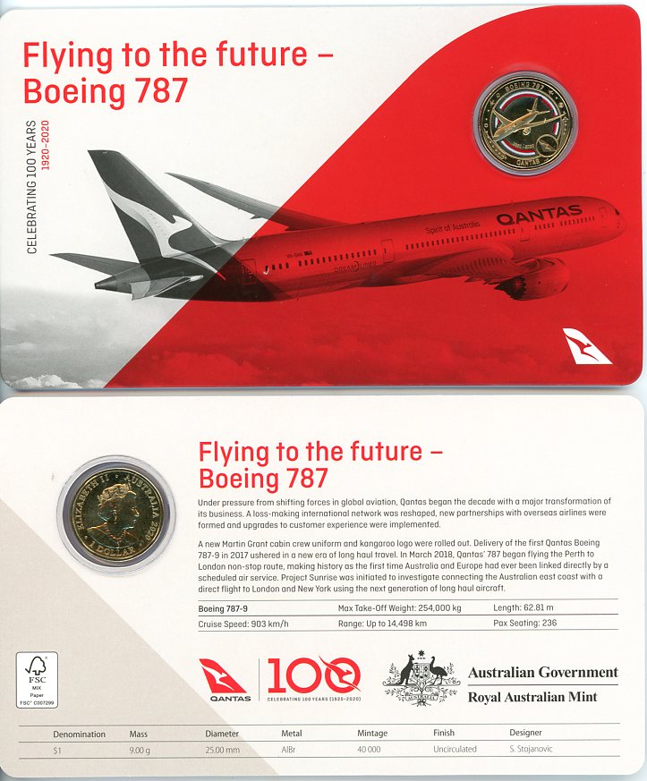 Thumbnail for 2020 Qantas Centenary $1 Coloured $1 UNC Coin - Flying to the Future Boeing 787