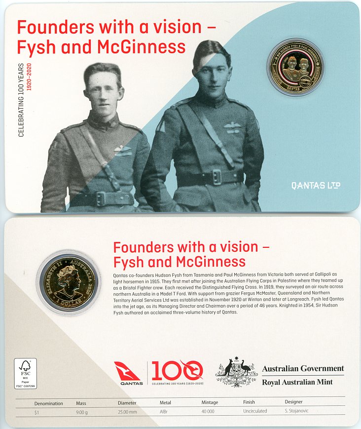 Thumbnail for 2020 Qantas Centenary $1 Coloured UNC Coin - Founders With A Vision Fysh & McGinness
