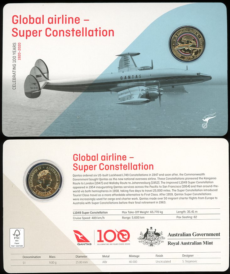 Thumbnail for 2020 Qantas Centenary $1 Coloured UNC Coin - Global Airline Super Constellation