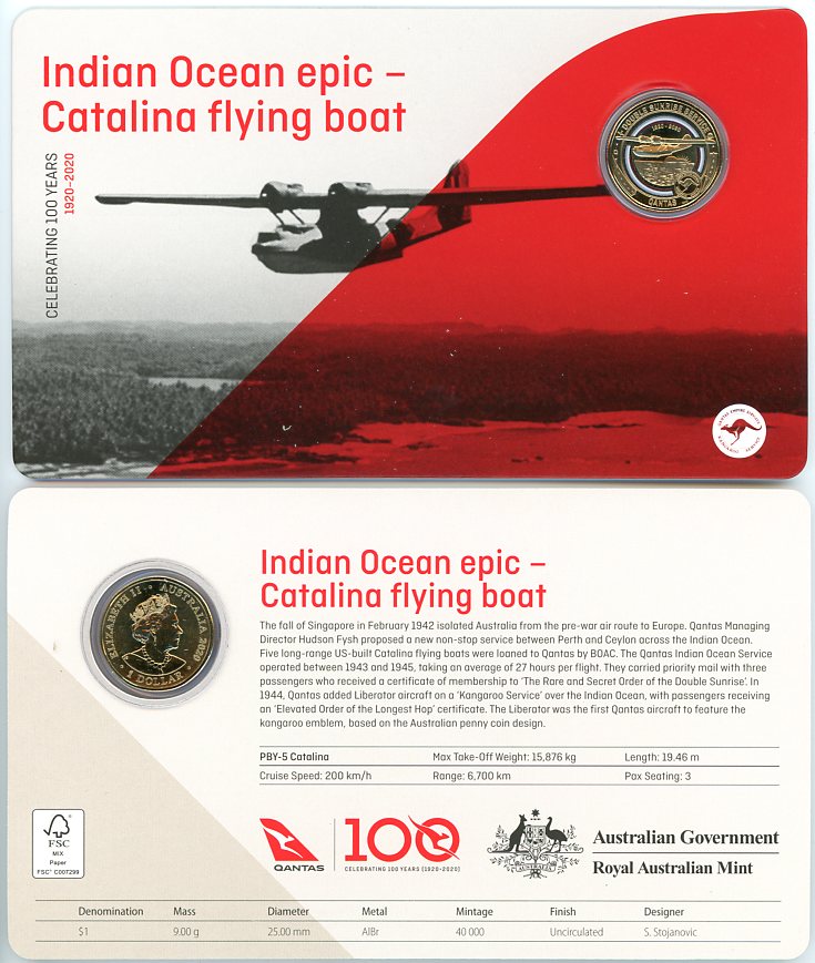 Thumbnail for 2020 Qantas Centenary $1 Coloured UNC Coin - Indian Ocean Epic Catalina Flying Boat