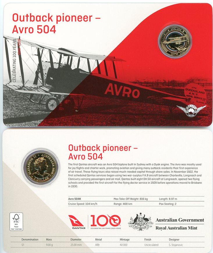 Thumbnail for 2020 Qantas Centenary $1 Coloured UNC Coin - Outback Pioneer Avro 504