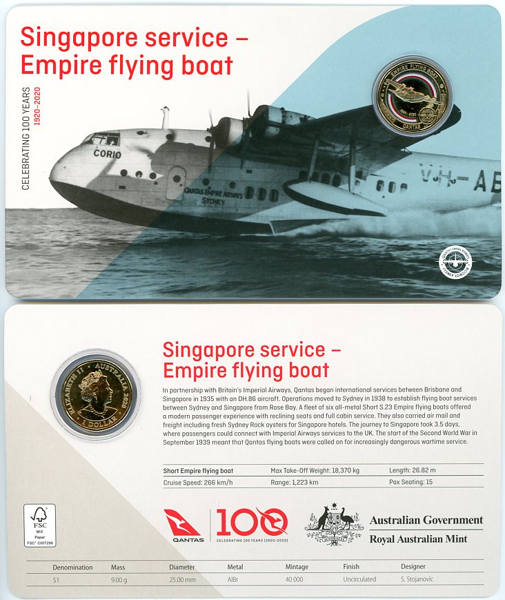 Thumbnail for 2020 Qantas Centenary $1 Coloured UNC Coin - Singapore Service Empire Flying Boat
