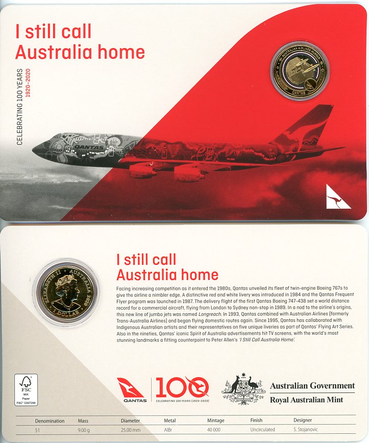 Thumbnail for 2020 Qantas Centenary $1 Coloured UNC Coin - I Still Call Australia Home