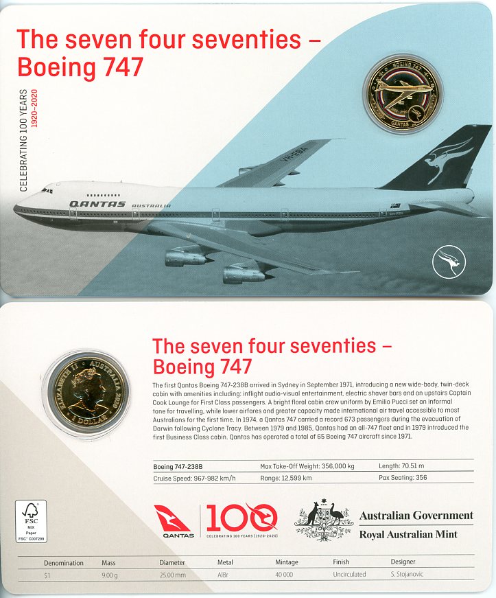 Thumbnail for 2020 Qantas Centenary $1 Coloured UNC Coin - Boeing 747