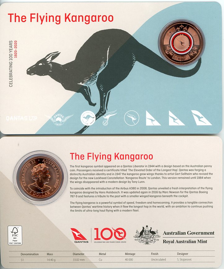 Thumbnail for 2020 Qantas Centenary $1 Coloured UNC Coin - The Flying Kangaroo