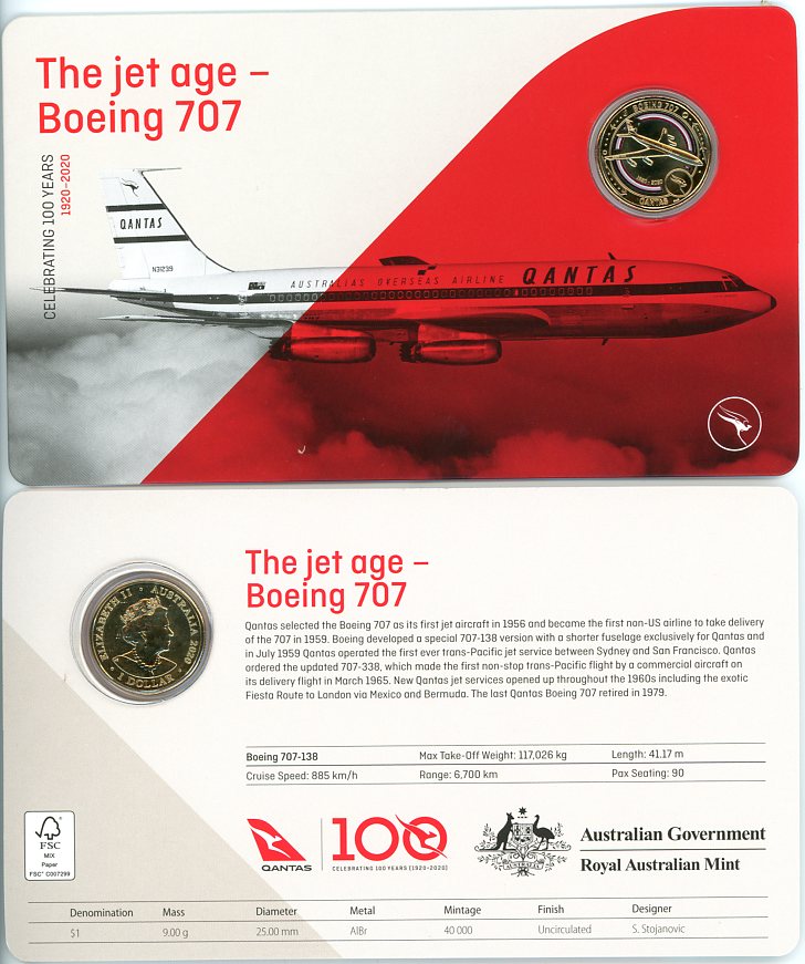 Thumbnail for 2020 Qantas Centenary $1 Coloured UNC Coin - The Jet Age Boeing 707