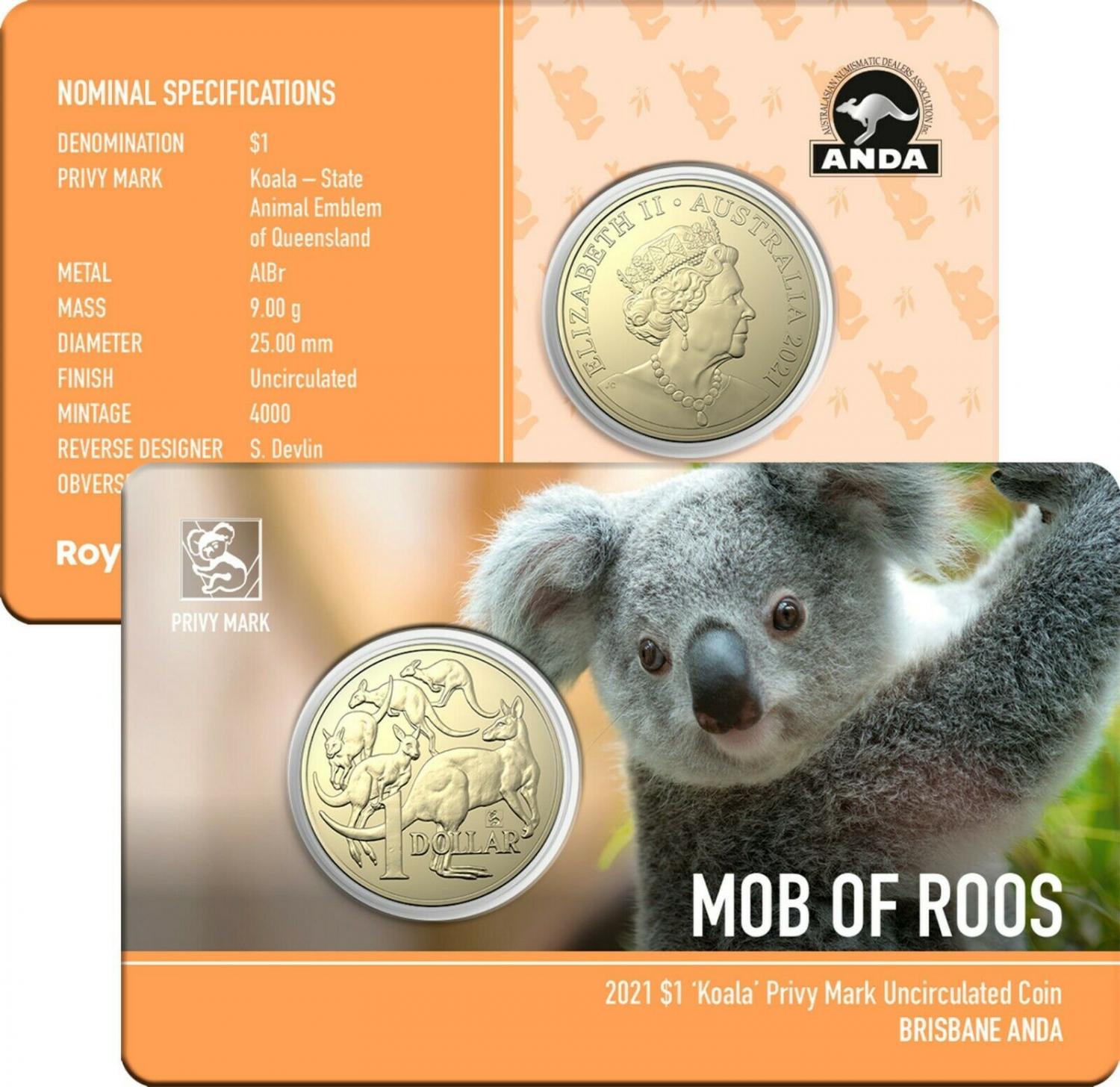 Thumbnail for 2021 Australian Mob of Roos $1 Coin - Koala Privymark - Brisbane ANDA Show