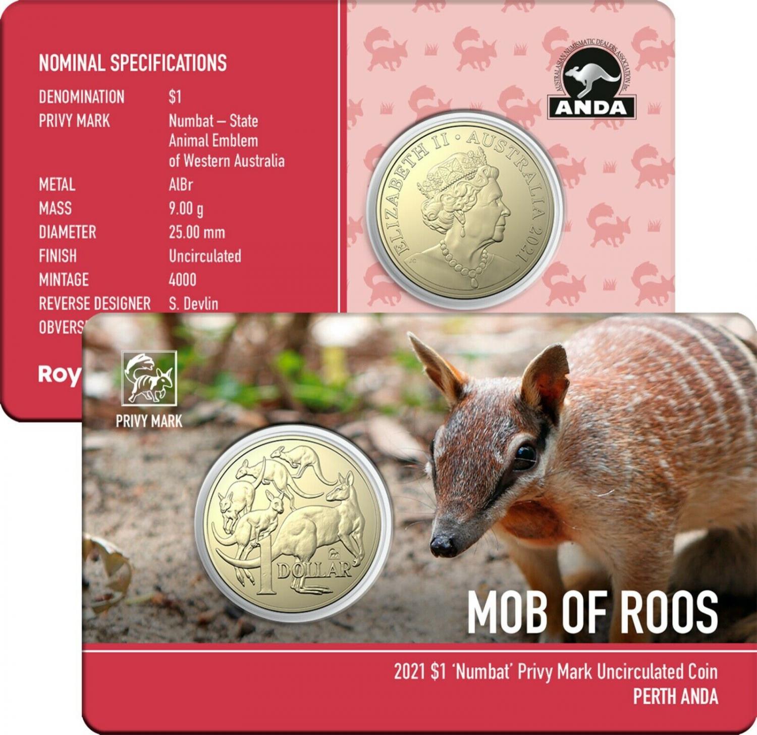 Thumbnail for 2021 Australian Mob of Roos $1 Coin - Numbat Privymark - Perth ANDA Show