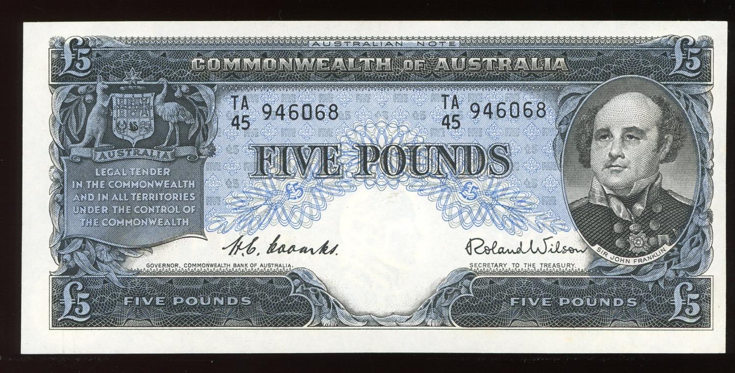 Thumbnail for 1954 Five Pound Banknote Coombs-Wilson TA45 946068 aUNC